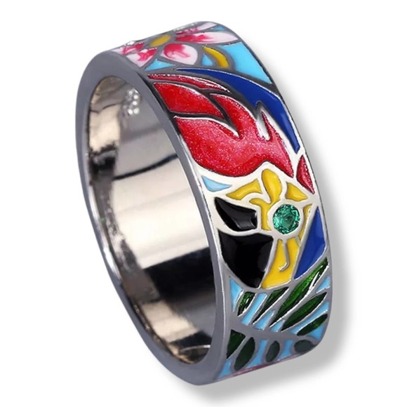 Silver Parrot Multicolor Enamel Ring and Pierced Earrings Set Ring - Picture 2 of 5